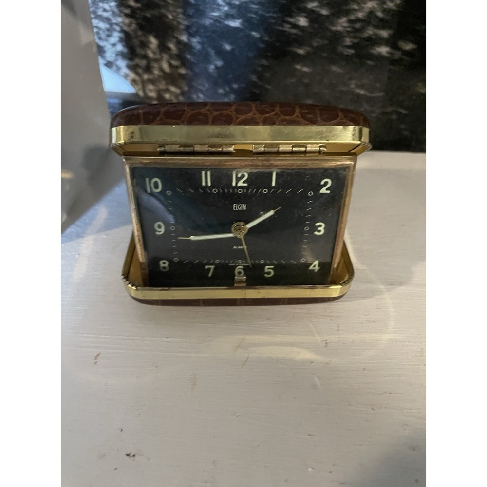 Vintage ELGIN Travel Alarm Clock Black Face Leather Case Windup‎ Japan Works